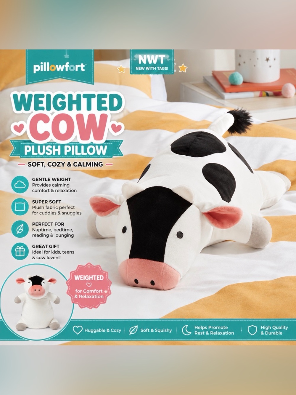 NWT Pillowfort Weighted Cow Plush Pillow Stuffed Animal Black White Cow